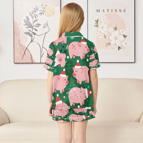Satin Pajama Sets Short Sleeve Pig Pattern with Christmas Button Down Silky Nightwear 2 Piece PJS 5-14Y4