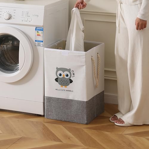 Image of HOKIPO Cardboard Foldable Laundry Basket for Clothes with Lid, Grey - Owl (AR-5317-GRY), 53cm, 35cm