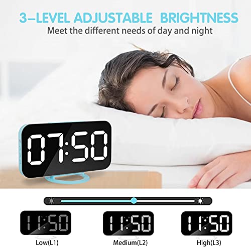 Miowachi Digital Alarm Clock,Large Mirrored Led Clock,Snooze,2 Usb Charger Ports Desk Alarm Clocks For Bedroom Decor (Blue) #TOP2