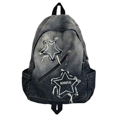 Licsaliwe Y2K-Rucksack leichter Reise-Denim-Rucksack mit mehreren Taschen Retro-Jeans große Sterntasche für Studenten und Erwachsene