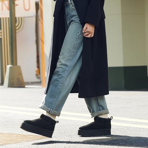 DREAM PAIRS Platform Mini Boots for Women Suede Genuine Leather, Classic Winter Ankle Snow Boots with Memory Foam Insole Lightweight Anti-Slip Outsole FuzzyClassic,Size 7,Black,SDSB2427W