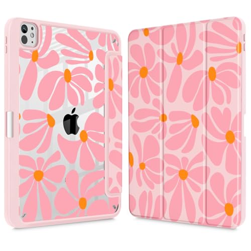 May Chen for iPad Pro 13 Inch Case M5 2025 / M4 2024, Built Pencil Holder & Clear Transparent Print Back Shell Slim Stand Shockproof Tablet Cover, Auto Wake/Sleep, Groovy Flower