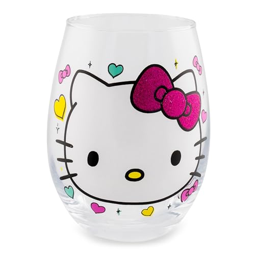 Silver Buffalo Sanrio Hello Kitty You Had Me At Hello Glitter Stemless Wine Glass, Tumbler Cup For Cocktails | Holds 20 Ounces