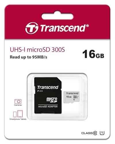 Image of Transcend USD300S 16GB UHS-I U1 Class 10 Micro SD Memory Card up to 95 /10 MB /s with Adapter (TS16GUSD300S-A)