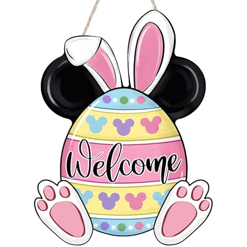 Easter Wreath for Front Door, Welcome Easter Egg Wood Door Hanger Mouse Bunny Rabbit Ears Spring Door Sign Decoration Outdoor Indoor Fireplace Window Wall Hanging Decor