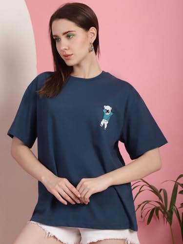 Image of Preneum Women's Cotton Graphic Printed Baggy Fit Drop-Shoulder Sleeves Cotton Oversized T-Shirt || Round Neck || Half Sleeve