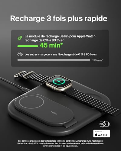 Belkin BoostCharge Socle de Recharge 3-en-1 aimanté et Pliable Qi2, 15 W, Compatible MagSafe, pour iPhone 17, iPhone Air, Pixelsnap, Apple Watch, AirPods, Adaptateur Secteur Inclus - Noir