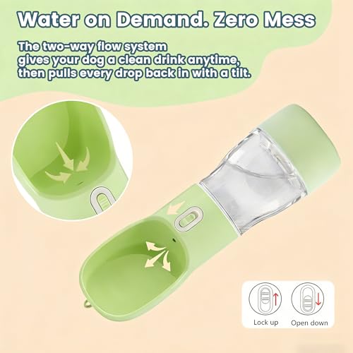 Image of Portable Dog Water Bottle - 2in1 Dog Water Dispenser Bowl & Food Container | Dishwasher Safe Leak Proof Dogs Water Bottle Bowl for Pet Cat Puppy Outdoor Walking Hiking Travel - Green