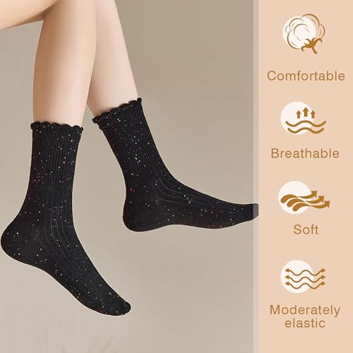 Image of YOYOU Ruffle Crew Socks Women, Frilly Socks, Girly Scalloped Lettuce