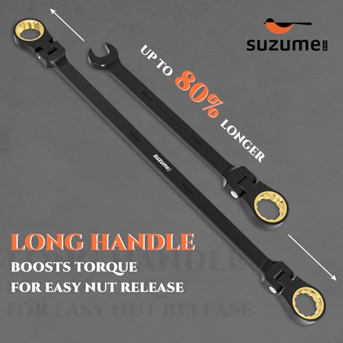 Image of SUZUME Extra Long Flex Head Ratcheting Wrench 16-18mm Metric Double Box End 180 Flexible Head 72-Tooth 15K Gear Tested CR-V Steel Black Chrome Finish For Engine Heavy Equipment Repair & DIY