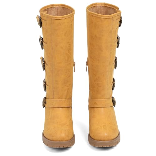Image of AMINUGAL Knee High Boots Women Square Toe Pull On Wide Calf Riding Fashion Buckles Chunky Metallic Casual Vintage Buckle Rivet