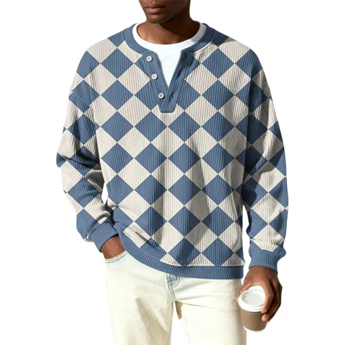 Pull Henley en matériau côtelé avec imprimé losanges géométriques pour homme chic