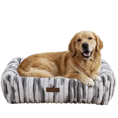 Image of Modern Threads Ribbed Plush Two-Tone Cuddler Dog Bed, Ultra-Soft Faux Rabbit Fur, Supportive Bolstered Sides, Removable Washable Cover, Bed for Medium to Large Dogs, Silver, (34 inch L x 25 inch W x 9 inch Th)
