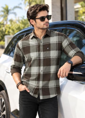 Majestic Man Stylish Slim Fit Cotton Spread Collar Checked Brown - Image 2