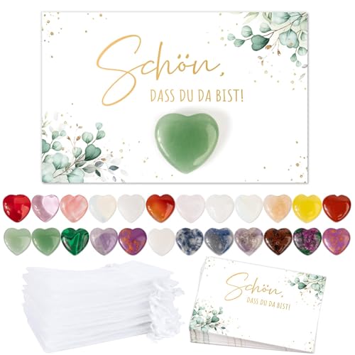BOFUNX 24 Set Steine Gastgeschenke, Herz Steine + Schön dass du da bist Karte + Organzasäckchen, Hochzeit Taufe Danke Gastgeschenke Glücksbringer