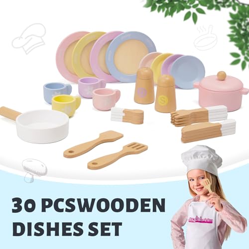 Frogprin 30 PCS Wooden Toy Plates and Dishes for Kids, Play Kitchen Accessories Set, Pretend Play Food Sets for Children Kitchen, Montessori Toys for Girls and Boys - Thumbnail 3