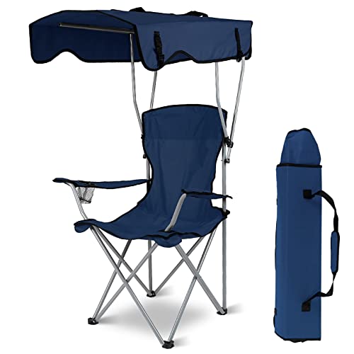 iMounTEK Camp Chair Foldable Canopy Camp Chair with Shade Sun Protection Camping Recliner with Carry Bag Support 330LBS Load Folding Seat with Cup Holder for Fishing/Beach/Travel/Picnic(NavyBlue)