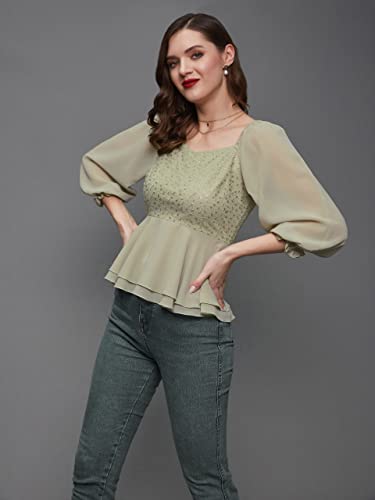 Image of Miss Chase Women's Round Neck Half Sleeves Cotton Lace and Pearl Detailing
