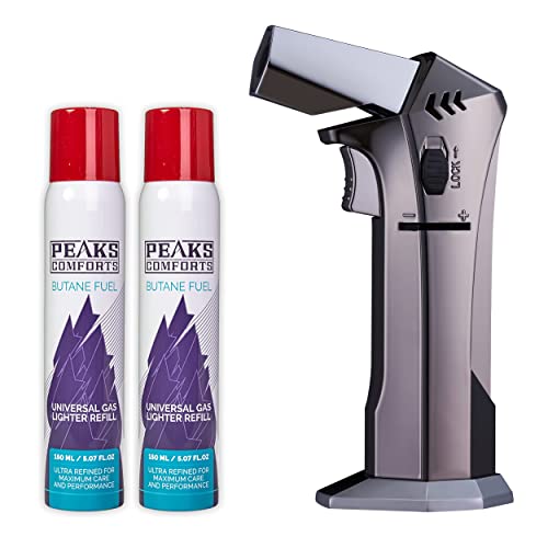 Butane Torch with Butane Fuel - Refillable Torch Lighter, Kitchen Torch for Baking, Cooking Food, Creme Brulee, BBQ, Blow Torch with Safety Lock and Adjustable Flame, 2 Cans Butane Included.