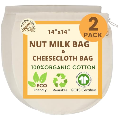 XXL 14"x14" Nut Milk Bag - 100% Organic Unbleached Cotton Easy To Clean Nut Milk Strainer/Cheesecloth Bags, Reusable for Straining Oat Milk, Almond Milk, Cheese making, Celery Juice