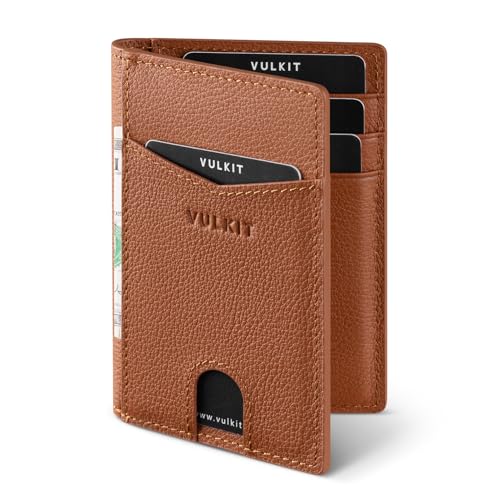 Image of VULKIT Bifold Front Pocket Slim Wallet RFID Blocking Minimalist Thin Genuine Leather Credit Card Holder Wallet for Men and Women Litchi Brown