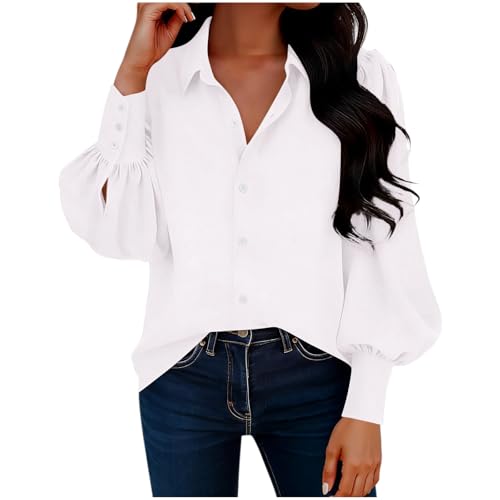 Dyhxuan Blusa elegante para mujer, mangas abullonadas, monocolor, cuello en V, camisa con botones, manga larga, elegante, blusa de manga larga para mujer, Blanco, XL