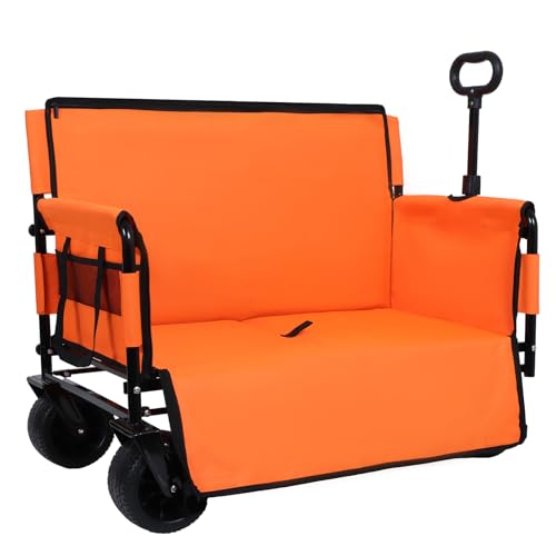 Image of 3-in-1 Convertible Folding Wagon Cart with Bench Seat & Storage - 500lbs Heavy-Duty Utility Wagon, 180L Capacity All-Terrain Wheels for Camping, Beach, Sports, Garden (Orange)