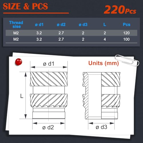 Image of 220Pcs M2 Threaded Inserts, M2 Female Thread Metric Knurled Nuts Assortment Kit, Brass Heat Set Insert for Plastic and 3D Printing Components (M2x2x3.2, M2x4x3.2