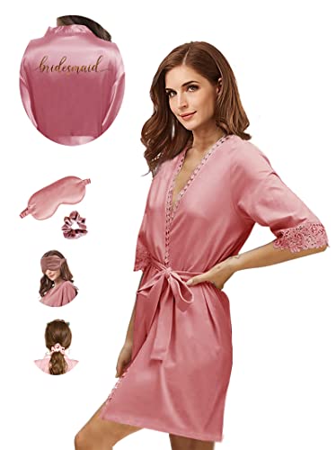 Robe de demoiselle d'honneur en soie pour femme Robe de mariée en satin et dentelle Robe de mariée pour fête de mariage avec chouchous Ensemble 3 en 1 monogrammes imprimés Rose pâle. taille unique Cover