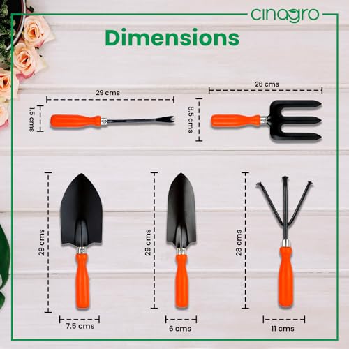 Image of Cinagro Garden Tools Kit (Set of 5) Weeder, Big and Small Trowel, Hand Fork, Cultivator | Gardening Tools Kit For Home Garden, Indoor Outdoor Gardening for Plants & Soil, Plant Tool Kit, Farming Tools