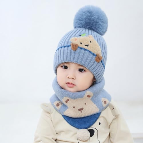 Winter Cute Knit Hat and Scarf Set Beanie Hat Baby Toddler Thick Scarf Earflap Hood Scarves Skull Caps Hood Fleece Hat4
