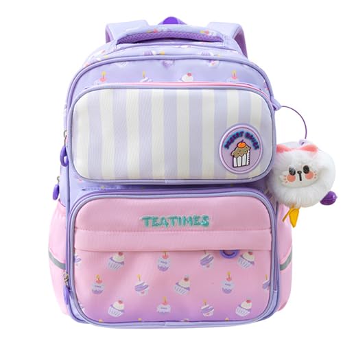 Kids School Backpack For Age 4-7 Girls Waterproof Oxford Bookbag with Chest Buckle & Plush Charm - Purple Cute Cupcake Design