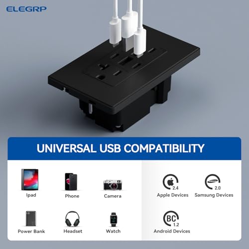 Image of ELEGRP USB Outlets, 30W 6.0 Amp USB C Outlets Receptacles, 3-Port USB Wall Outlet, 20 Amp Tamper-Resistant Outlet with 2 USB C Ports, UL Listed, Screwless Wall Plate Included, 10 Pack, Matte Black