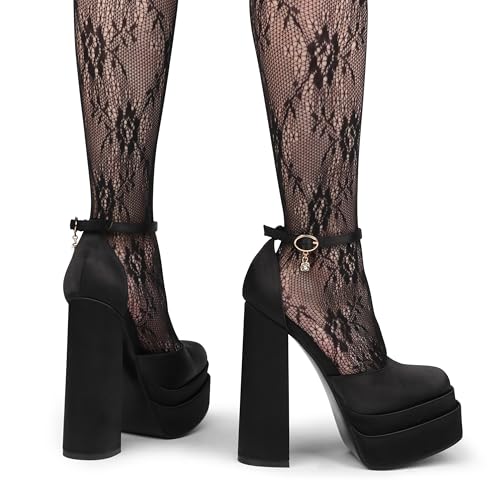 MERUMOTE Womens Sexy High Heels Platforms Pumps Square Toe Chunky Block Heels Rhinestone Party Shoes4