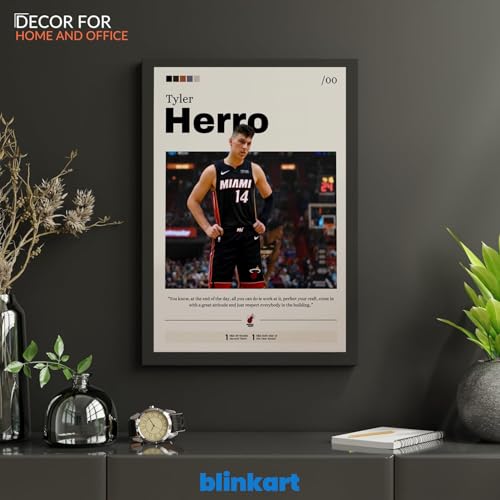 Image of BLINKART Tyler Herro NBA BasketBall Player Synthetic Wood Photo Framed Wall Hanging Poster For Room & Office Bedroom Living Boys and Girl Room Home Wall Hanging(12 * 18 Inches)