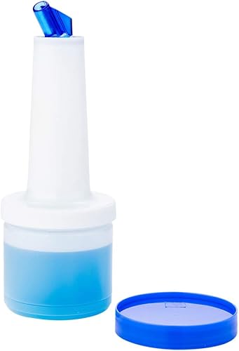 Miniatura 16 de Restaurantware Botella de plástico de 1 cuarto de galón de almacenamiento con boquilla azul y tapa, botella de almacenamiento de barra, 3 1/2 x 3