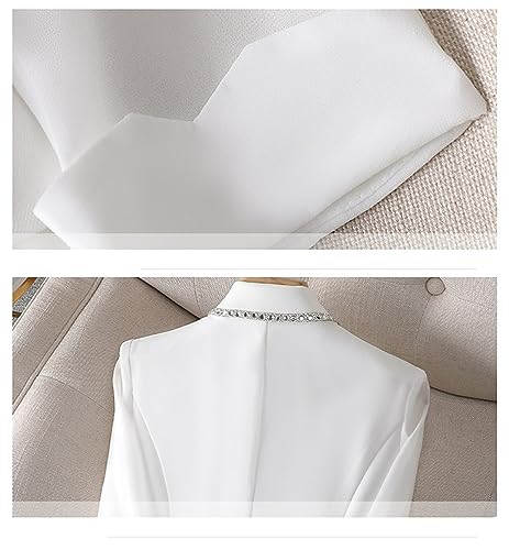 Women White Blazer Jacket 3/4 Sleeve Rhinestone Button Slim Thin Casual Office Blazers3