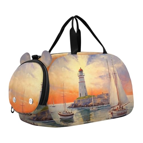 Lighthouse Painting Duffle Bag for Girl, Sports Duffle Gym Bags with Shoe Compartment, Personalized Overnight Bag Travel Weekender for Kids