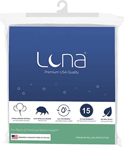 Luna King Size Premium Hypoallergenic Bed Bug Proof Zippered Waterproof Pillow Protector (1) - Made in The USA - Vinyl Free Luna King Size Premium Hypoallergenic Bed Bug Proof Zippered Waterproof Pillow Protector (1) - Made in The USA - Vinyl Free