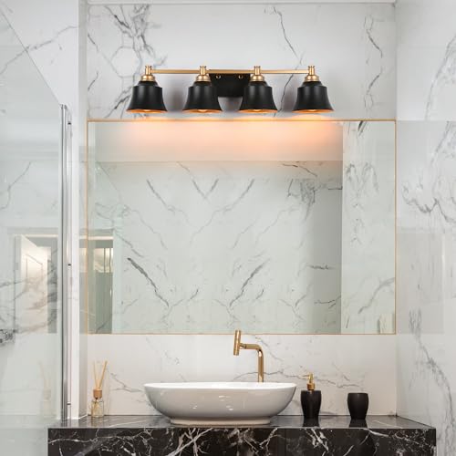 Image of KSANA Bathroom Light Fixtures, 4 Light Black and Gold Powder Room Wall Lights Over Mirror, 30 Inch Modern Farmhouse Metal Vanity Lights