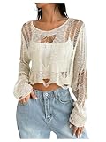 WDIRARA Women's Ripped Distressed Knit Top Long Sleeve Hollow Out Crochet Crop Top Goth Y2K Grunge Punk Halloween Apricot Medium