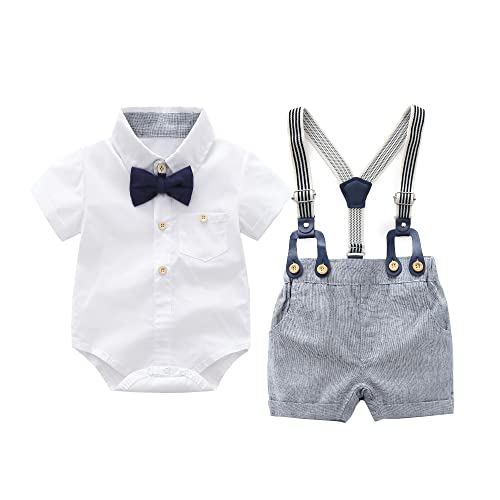 Image of Baby Boys Gentleman Outfits Suits, Infant Short Sleeves Shirt+Bib Pants+Bow Tie Overalls Clothes Set