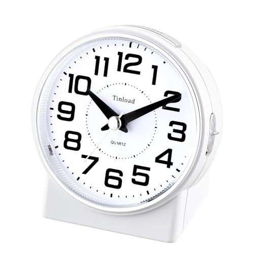 Image of Tinload 4.3 inch No Ticking Analog Alarm Clock,Silent Readable for Seniors,Easy to Set,Gradual Rise Alarm,Big Numbers,On /Off Switch on Side,Gentle Wake,Snooze,Lighted on Demand,Battery Operated,White