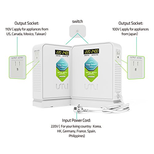 UMI 220V to 110V Step Down Voltage Converter 2400Watts with 110V and 100V Output for Using US and Japan Appliance in Asia or Europe - Thumbnail 2