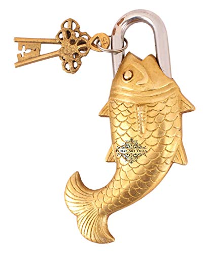 Image of IndianArtVilla Handmade Old Vintage Style Antique Fish Shape Brass Security Lock with 2 Keys|Home Temple Office