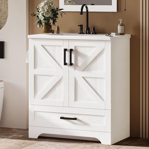 IRONCK Bathroom Vanity, 24' Bathroom Vanity with Sink, Farmhouse Wood Fixture Stand Pedestal Bathroom Cabinet with Drawer, Easy Assembly