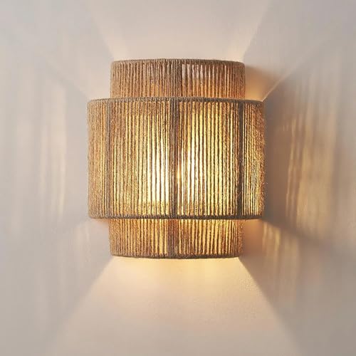 Applique Da Parete In Rattan Da 9 Pollici, Lampade Da Parete Boho Con Luci Da Parete Rustiche In Corda Di Canapa Per Camera Da Letto, Bagno, Corridoio, Illuminazione Da Parete Moderna Bohémien