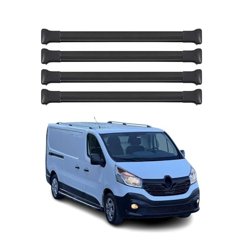 OMAC Barre portapacchi per portapacchi compatibili con Renault Trafic 2014-2025, in alluminio, 75 kg, nero, 4 pezzi, barre aperte per portabici, box da tetto, portasci con serratura