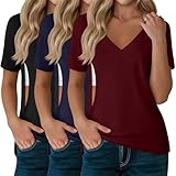 Sweetyweee 3 Pack Women's Nursing Tops, Hidden Zipper Nursing Shirts for Breastfeeding & Pumping V Neck Short Sleeve(Black, Navy Blue, Wind Red,X-Large)