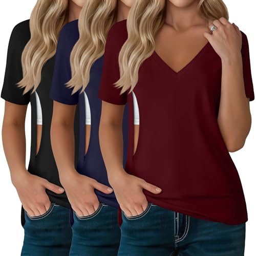 Sweetyweee 3 Pack Women's Nursing Tops, Hidden Zipper Nursing Shirts for Breastfeeding & Pumping V Neck Short Sleeve(Black, Navy Blue, Wind Red,X-Large)